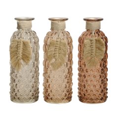 An assortment of 3 beautifully coloured glass vases, each with a macrame style woven leaf charm. 