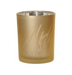 A stylish, warm yellow glass candle holder with a beautiful grasses image. 