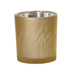 A chic glass candle holder with a matte yellow finish and reflective silver centre. 