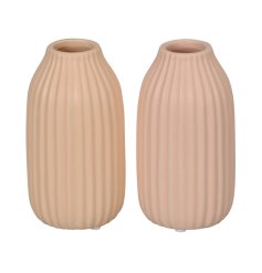 An assortment of 2 fresh pastel coloured vases with a ribbed design. A timeless interior accessory for the home.