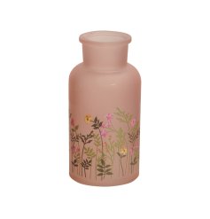 A beautiful smoked glass bottle in pink. Decorated with an abundance of colourful wild flowers. 