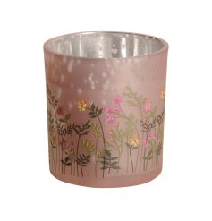 A pretty glass candle holder with a vintage silver inside and matte pink outside. Complete with a wild meadow decal. 