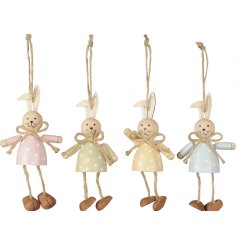 An assortment of charming hanging bunny decorations in Spring pastel colours. Each has a polka dot print and cute bow.