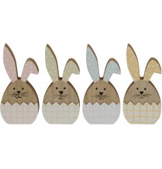An assortment of 4 wooden bunnies popping out of gingham eggs. Complete with cute polka dot painted ears. 