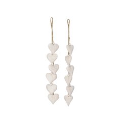 Hanging rustic wooden heart decorations with a white washed finish and beads. 