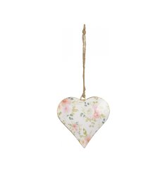 A stylish metal heart with a pretty pink floral decal. Complete with a gold edge and jute rope hanger.