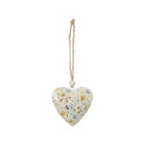 A beautiful metal hanging heart decorated with an abundance of colourful wild flowers. Complete with beaded jute hanger.