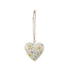 A beautiful metal hanging heart decorated with an abundance of colourful wild flowers. Complete with beaded jute hanger.