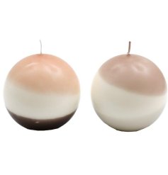 An assortment of 2 contemporary ball candles in a mix of cream, peach, brown and white abstract colours. 