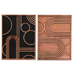 An assortment of 2 wooden pictures, each with a layered abstract design. Made from wood with painterly details. 