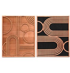 Adorn your walls with this assortment of 2 abstract pictures. Made from wood they are textured with painted details. 