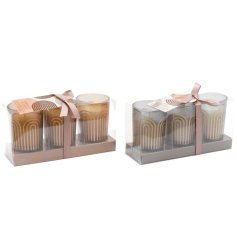 Super stylish glass votives with an abstract rainbow print. Filled with high quality, beautifully scented wax fragrance