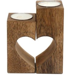 A rustic wooden t-light holder with a heart shaped cut out feature. A unique pair of candle holders