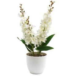 A large, fine quality artificial Delphinium plant set within a chic pot. Complete with natural pebbles. 
