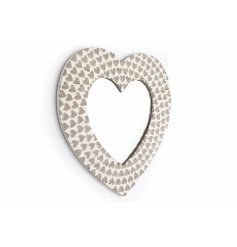 A chic wooden mirror with antique mini wooden hearts. Complete with a white washed finish. 