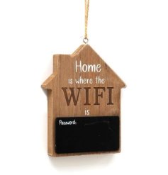 A stylish and practical hanging wooden house shaped sign with a chalkboard wifi password block.