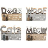 An assortment of 4 wooden cat and dog signs, each with pebble animals and wooden hearts.