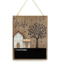 A stylish and practical chalkboard wifi sign with miniature houses and a painted heart tree. 