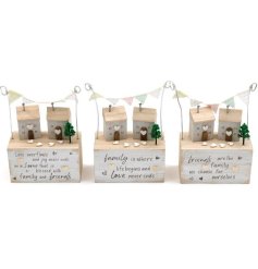 An assortment of 3 rustic wooden house scenes, each with a family and friends slogan. 