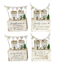 An assortment of 4 rustic wooden house scenes, each with a family and friends slogan. 