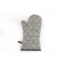 A stylish and practical single oven glove with a white heart design.