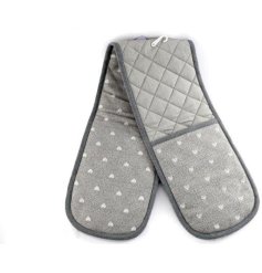 A grey and white heart design double oven glove.