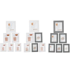 A set of 6 photo frames including assorted sizes and colours enabling your customers to create their own photo walls