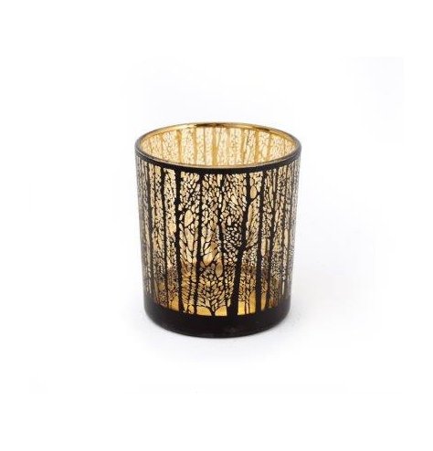A stunning black candle holder with a woodland design. Gold inside creating a shimmering glow when a lit candle is used.
