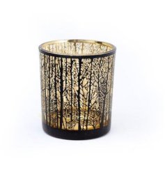 A chic glass candle holder with a black woodland shadow design. Gold inside creating a luxurious look.
