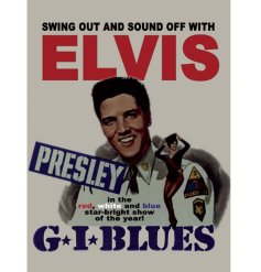 Swing out and sound off with Elvis. A vintage mini metal sign with jute string hanger.