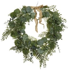 A fine quality wreath with mixed foliage including eucalyptus. Complete with a rustic hessian bow.