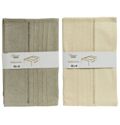 An assortment of 2 cotton table runners with a simple stitched design. Colours include ecru and light brown. 