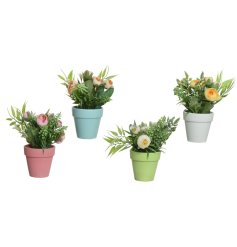 An assortment of 4 artificial rose plants set within colourful pots. 
