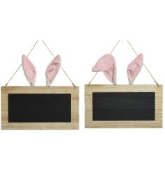 An assortment of 2 fabulous and unique hanging chalkboard signs with pink and white bunny ears. 