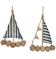 A mix of 2 charming sailing boats made from natural wood and fabric sails. Including flag and stripe designs.