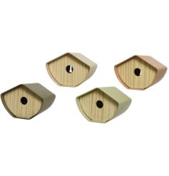 An assortment of 4 eco friendly bamboo bird houses in 4 assorted earth colours. 