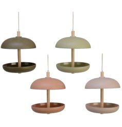 A mix of 4 earth coloured bamboo bird feeders with hangers.