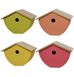 An assortment of 4 bright and beautiful bamboo bird feeders in yellow, pink, terracotta and green colours.