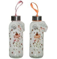 An assortment of 2 glass water bottles each with a beautiful bee and wild flower design. In pink and orange colours