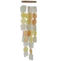 A stunning white and yellow ombre capiz shell wind chime / wall decoration with rustic wooden hanger. 
