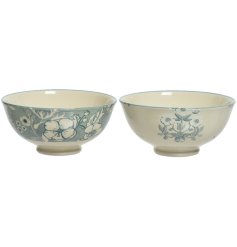An assortment of 2 vintage inspired bowls with attractive blue floral patterns 