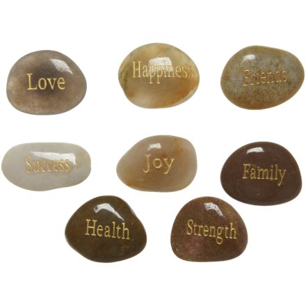 Stunning natural stones engraved with gold lettering to bring love, health, joy, strength, happiness and more. 
