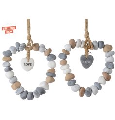A mix of 2 grey and natural stone heart shaped hangers with love stone. 