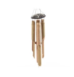 A stylish bamboo wind chime with woven star detail. A chic accessory for the home or garden. 