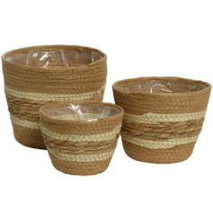 A mix of 3 charming sea grass woven planters in beige and cream colours. Complete with lining.