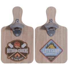 An assortment of 2 wooden chopping boards with bottle opener. Each has an adventure themed print. 