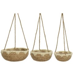 A set of 3 bohemian style hanging planters with woven grass and embroidered trim. Suitable for indoor and outdoor use. 