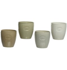 An assortment of 4 stoneware planters with stripes and an embossed bird motif. Available in a mix of natural colours. 