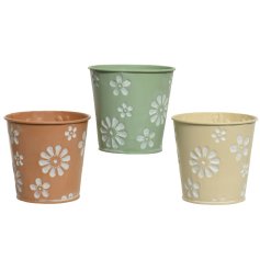 An assortment of 3 zinc planters in terracotta, green and cream colours. Each has a pretty embossed flower decoration. 