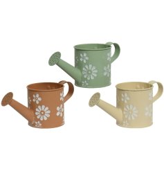 An assortment of 3 green, cream and terracotta coloured watering cans. Each has an embossed floral design. 